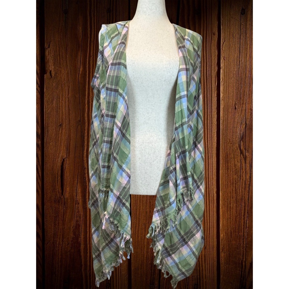Easel Crinkle Pastel Plaid Waterfall Duster Vest Open Front Frayed Hem Size L